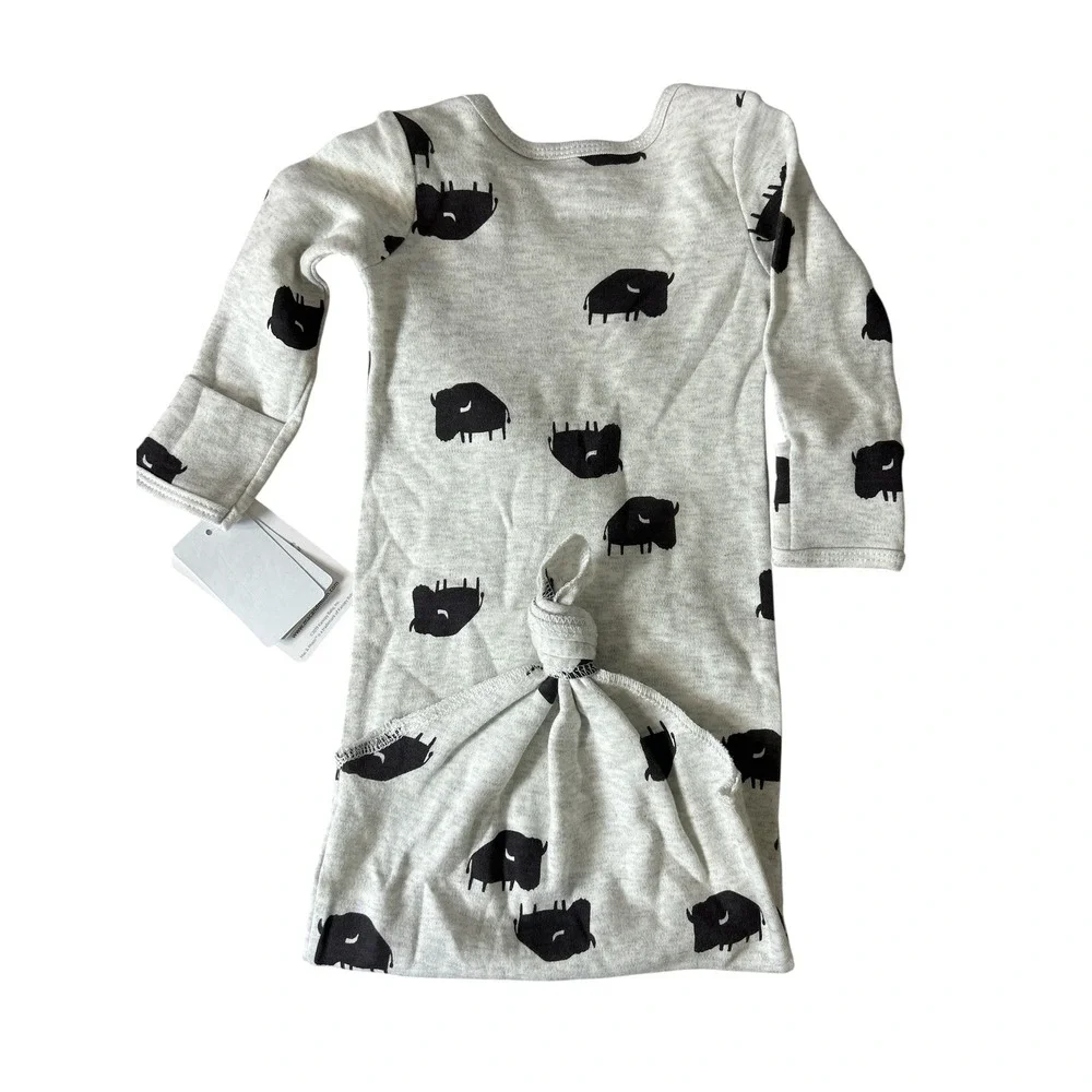 Mac and Moon Baby Knotted Gown Gray Black Buffalo Bison Print OS DF20M1447‎